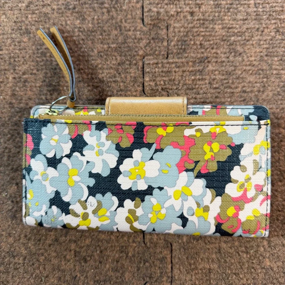 Fossil Logan Slim Bifold Wallet Floral Print Tan Leather Trim Multicolor 1841
